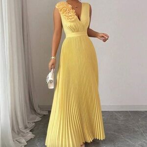 Women’s Crossed V-Neck Floral Patchwork Elegant A-Line Long Dress With Pleats